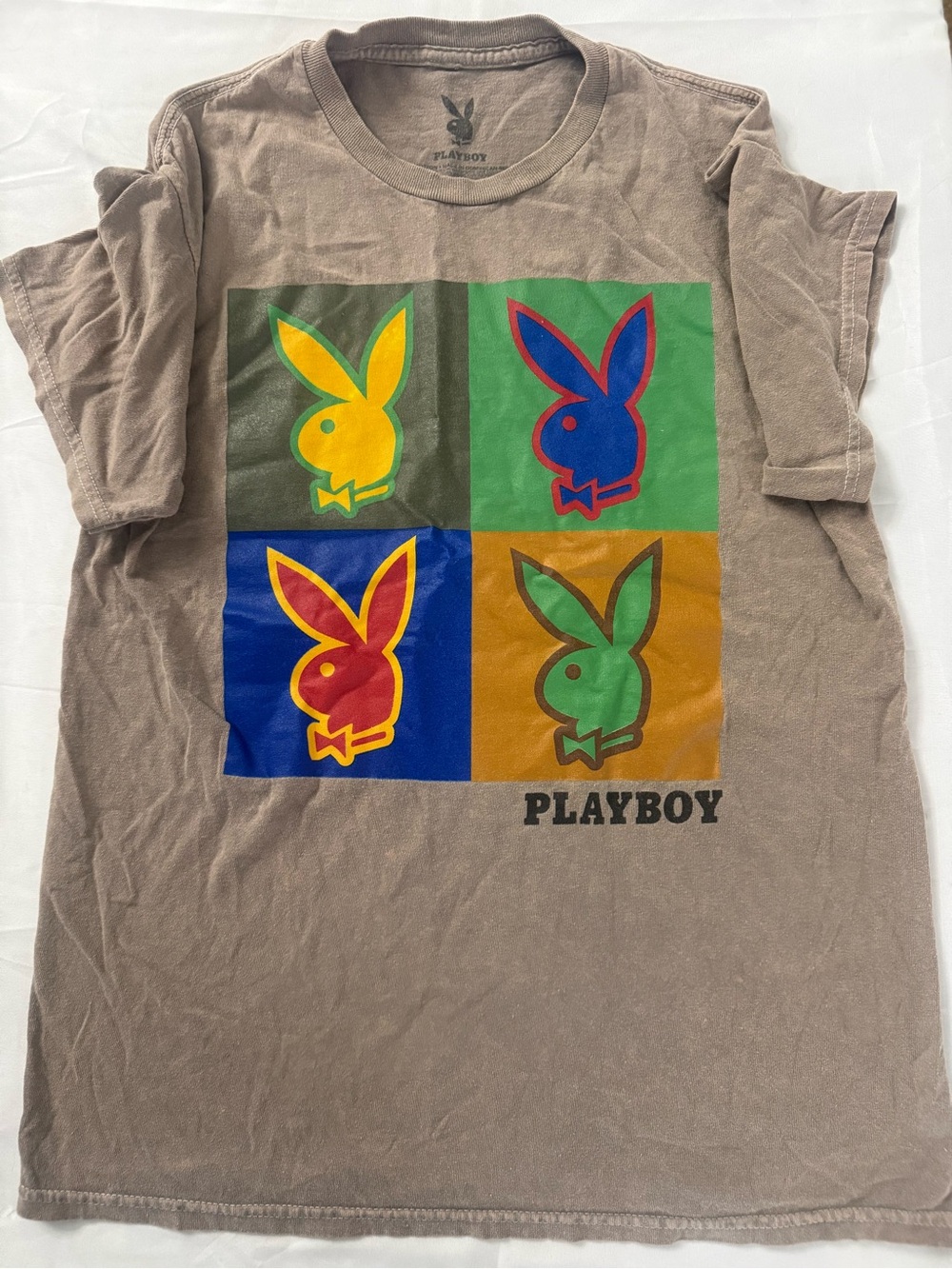 Playboy Graphic T-Shirt in Taupe with Multi-Color Bunny Print
